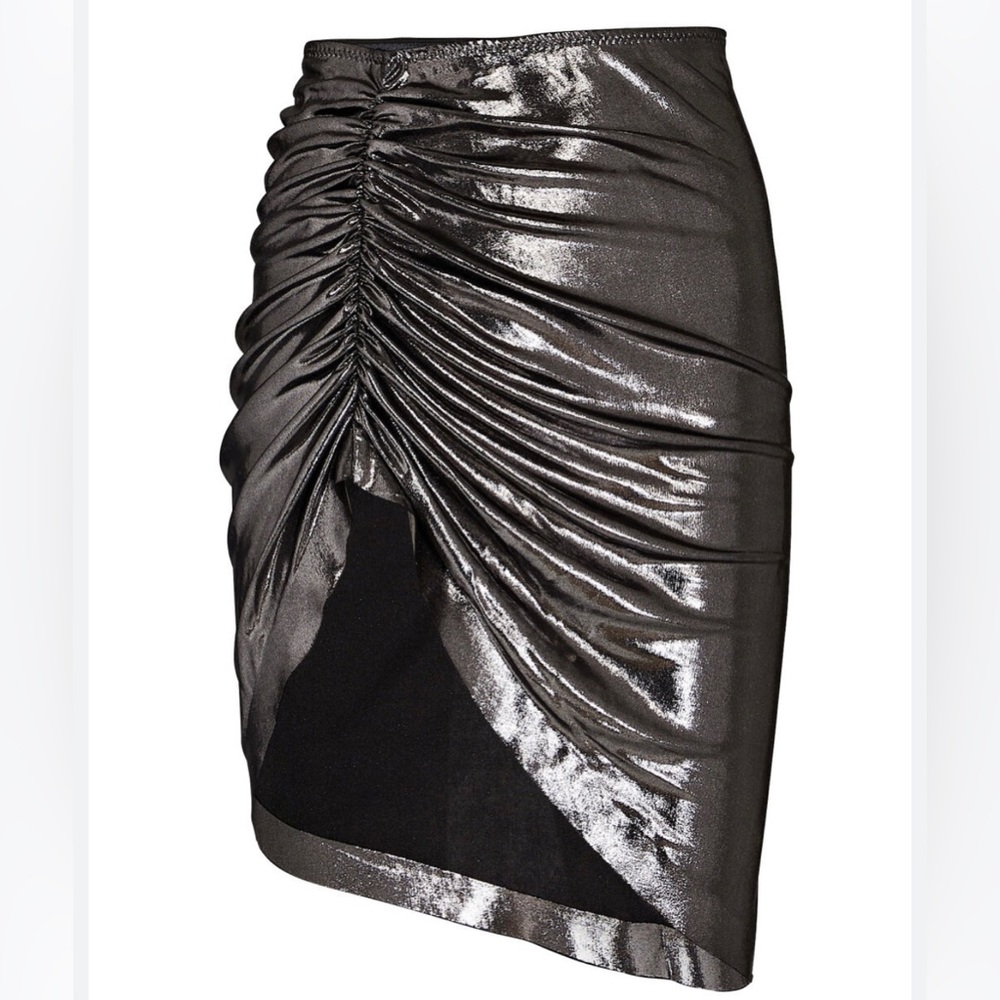 NWT Norma Kamali- Asymmetric Draped Lamé Mini Skirt. Gunmetal Intermix size xs